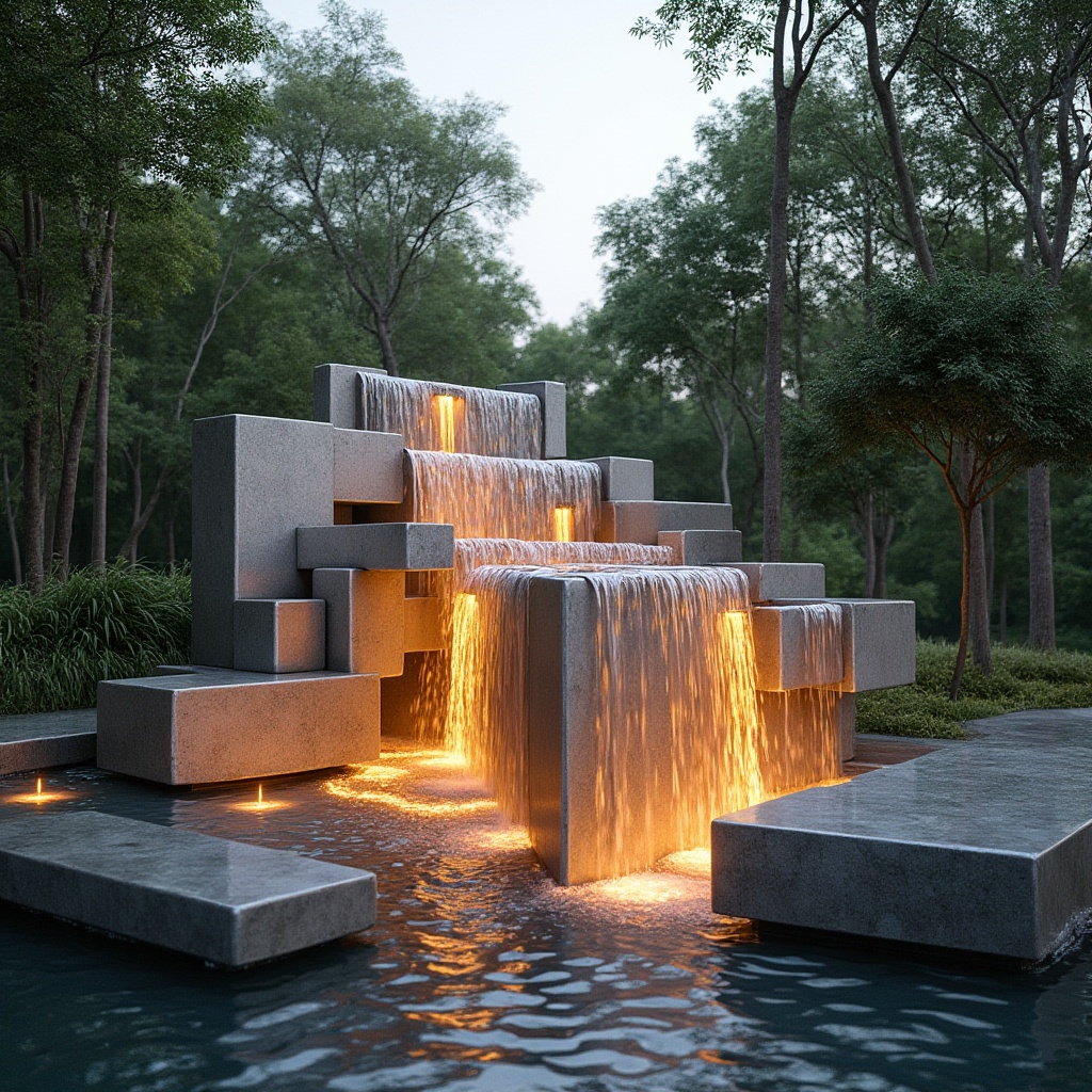 Современный фонтан с подсветкой в парке